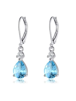 Voluka 925 Sterling Silver Blue Topaz/Amethyst/Rainbow Quartz CZ Teardrop Leverback Earrings Drop Dangly Gemstone Earings Hypoallergenic Birthday Jewelry Gifts for Women 