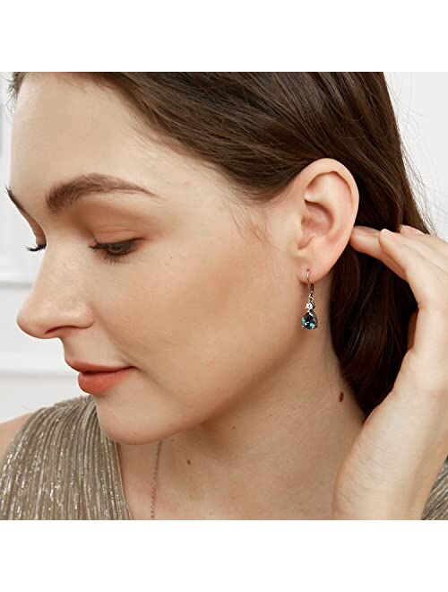 Voluka 925 Sterling Silver Blue Topaz/Amethyst/Rainbow Quartz CZ Teardrop Leverback Earrings Drop Dangly Gemstone Earings Hypoallergenic Birthday Jewelry Gifts for Women 