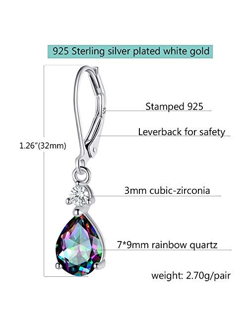 Voluka 925 Sterling Silver Blue Topaz/Amethyst/Rainbow Quartz CZ Teardrop Leverback Earrings Drop Dangly Gemstone Earings Hypoallergenic Birthday Jewelry Gifts for Women 