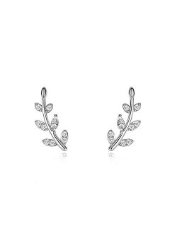 Reffeer 925 Sterling Silver Leaf Climber Stud Earrings Crawler for Women Girls Crystal Leaf Stud Earrings