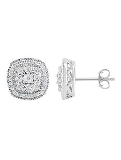 1/2 Carat Diamond, Illusion Set Sterling Silver Cushion Frame Miracle Plated Round-cut Diamond Stud Earring (J-K, I3) by La4ve Diamonds |Jewelry for Women Girls| Gift Box