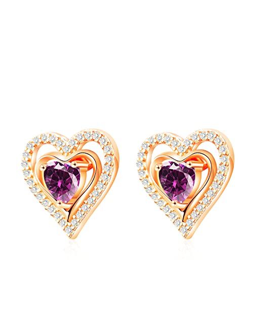 Capirosa Forever Love Heart Birthstone Earrings for Women 925 Sterling Silver Rose Gold Removable Stud Earrings Diamond Jewelry Valentine's Day Christmas Anniversary Birt