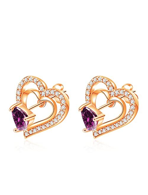 Capirosa Forever Love Heart Birthstone Earrings for Women 925 Sterling Silver Rose Gold Removable Stud Earrings Diamond Jewelry Valentine's Day Christmas Anniversary Birt