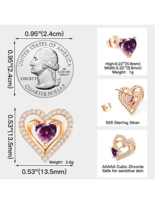 Capirosa Forever Love Heart Birthstone Earrings for Women 925 Sterling Silver Rose Gold Removable Stud Earrings Diamond Jewelry Valentine's Day Christmas Anniversary Birt