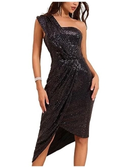 Womens Sequin Dress Sparkly Glitter One Shoulder Party Club Dress Wrap Hem Ruched Bodycon Dresses