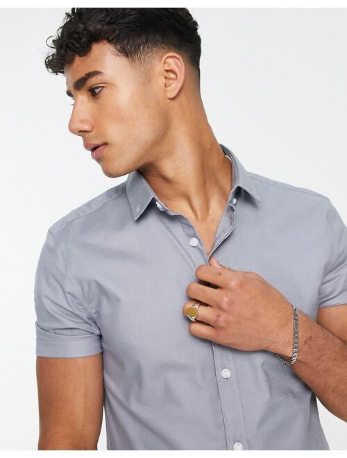 New Look smart short sleeve muscle fit oxford shirt in light gray