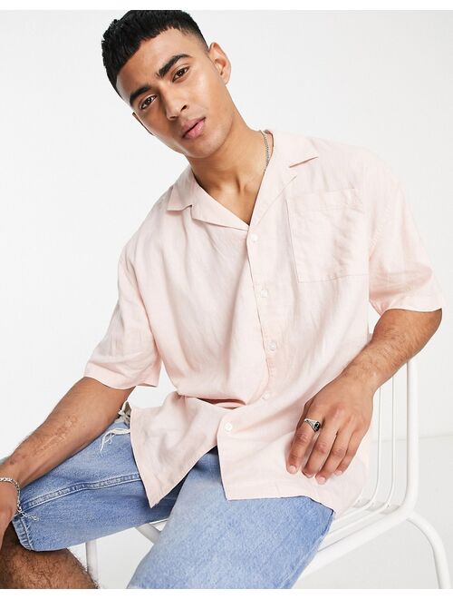 New Look oversized short sleeve linen mix shirt in pale pink