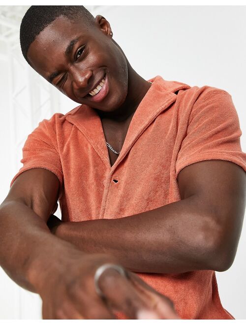 New Look short sleeve terrycloth shirt with revere collar in burnt orange - part of a set