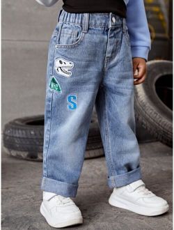 Toddler Boys Letter & Dinosaur Embroidery Straight Leg Jeans