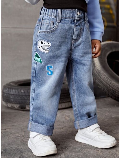 Shein Toddler Boys Letter & Dinosaur Embroidery Straight Leg Jeans