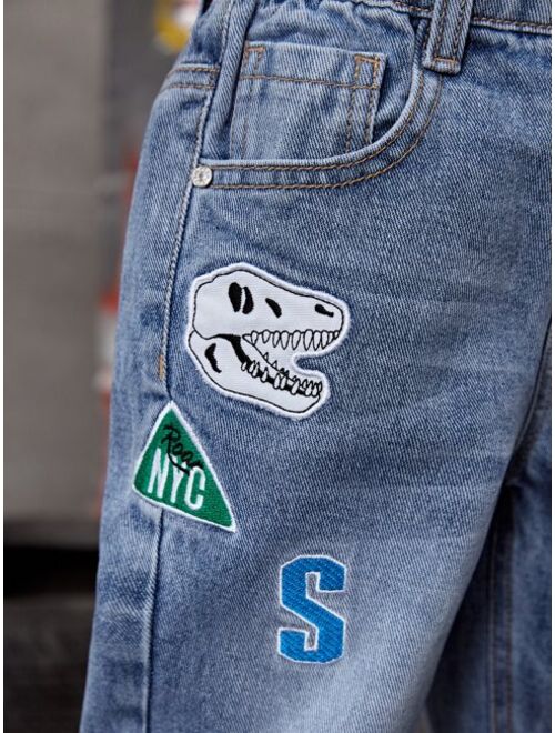 Shein Toddler Boys Letter & Dinosaur Embroidery Straight Leg Jeans