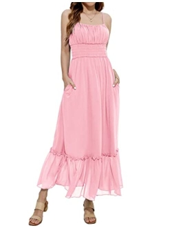 Womens Summer Maxi Dress Casual Sleeveless Spaghetti Strap Smocked Ruffle A Line Beach Long Dress with Pockets