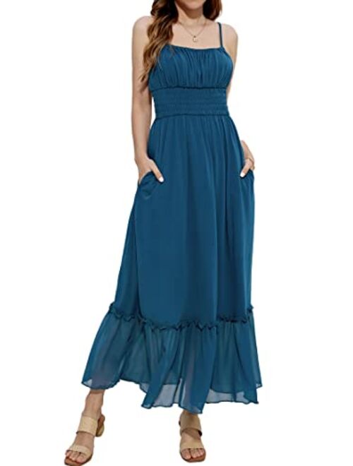 GRACE KARIN Womens Summer Maxi Dress Casual Sleeveless Spaghetti Strap Smocked Ruffle A Line Beach Long Dress with Pockets