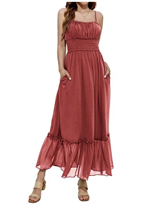 GRACE KARIN Womens Summer Maxi Dress Casual Sleeveless Spaghetti Strap Smocked Ruffle A Line Beach Long Dress with Pockets