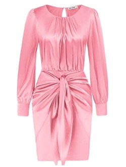 Womens Satin Long Sleeve Dress Tie Wrap Ruched Cocktail Dresses Wedding Guest Dresses