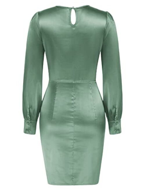GRACE KARIN Womens Satin Long Sleeve Dress Tie Wrap Ruched Cocktail Dresses Wedding Guest Dresses