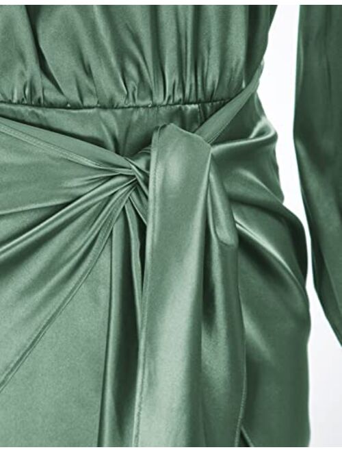 GRACE KARIN Womens Satin Long Sleeve Dress Tie Wrap Ruched Cocktail Dresses Wedding Guest Dresses