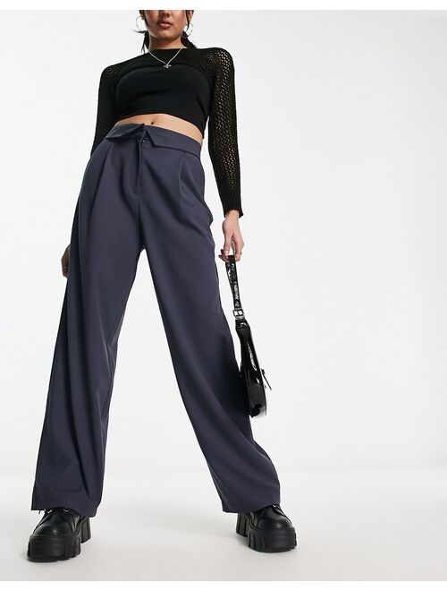 Bershka folded waistband peg tailored pants in petrol blue