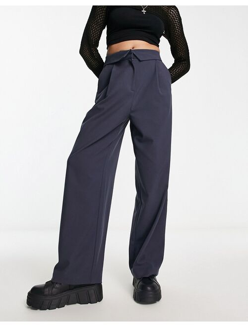 Bershka folded waistband peg tailored pants in petrol blue