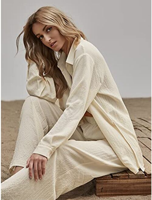 Floerns Women's 2 Piece Outfits Slit Hem Longline Blouse and Wide Leg Pants Set