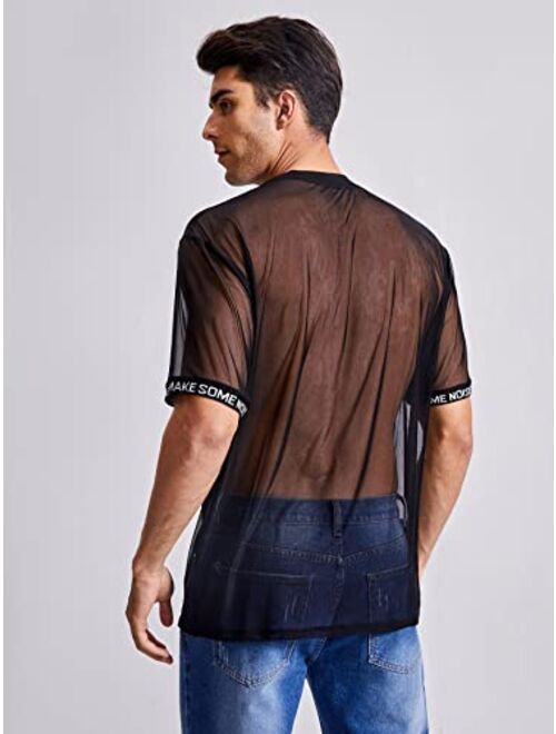 Floerns Men's Contrast Mesh See Through Short Sleeve Clubwear Tee Shirt Tops