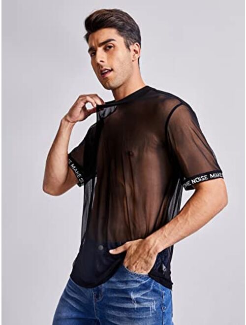 Floerns Men's Contrast Mesh See Through Short Sleeve Clubwear Tee Shirt Tops