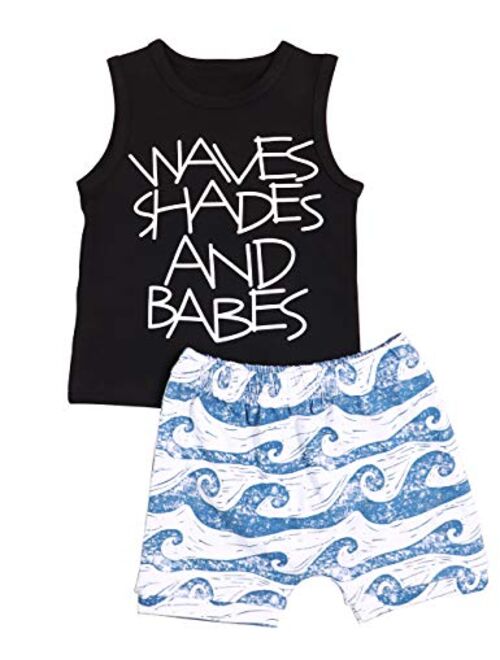 Helbaar Baby Boy Clothes Waves Shades and Babes Print Summer Black Sleeveless Tops and Wave Short Pants Outfits