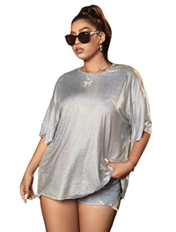 Women's Plus Size Metallic T Shirt Drop Shoulder Oversized Tee Top