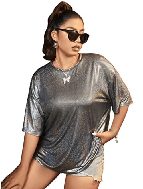 Verdusa Women's Plus Size Metallic T Shirt Drop Shoulder Oversized Tee Top