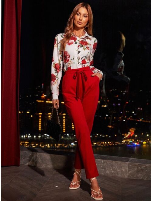 SHEIN Unity Floral Button Up Blouse With Belted Pants