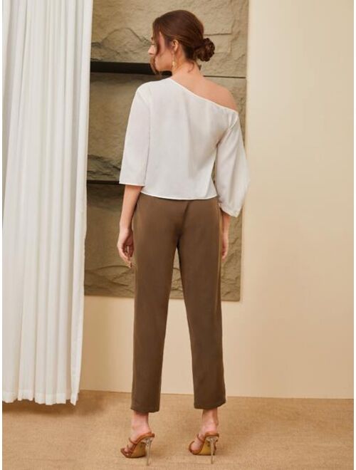 SHEIN Mulvari Asymmetrical Neck Top & Plicated Detail Pants Without Belt
