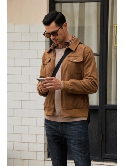 Men's Turn-Down Collar Front-Zip Suede Jacket Faux Leather Trucker Jackets Coat