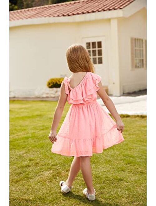 GRACE KARIN Girls Summer Dress One Shoulder Ruffle Sleeve Midi Casual Sundress