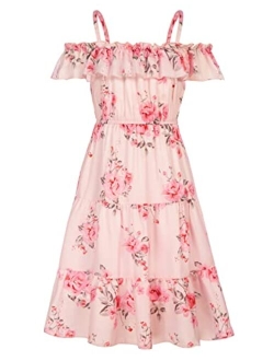 Girls Summer Dress Off Shoulder Ruffle Floral Spaghetti Strap Casual Sundress Tiered Midi Dress