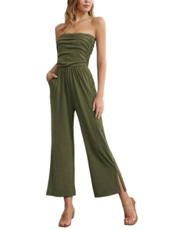 Women's Summer Casual Strapless Wide Leg Jumpsuits with Pockets