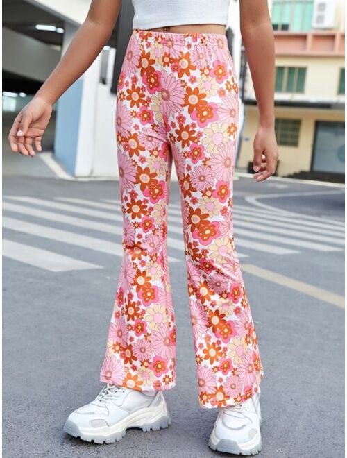 SHEIN Girls Floral Print Flare Leg Pants