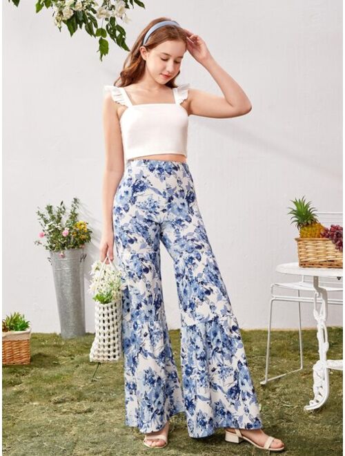 SHEIN Teen Girls Floral Print Flare Leg Pants