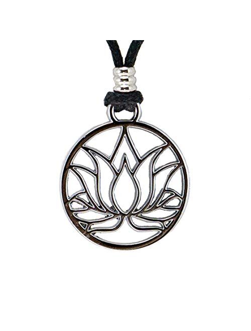 BlueRica Lotus Flower Pendant on Adjustable Black Cord Necklace (Chrome Finish)