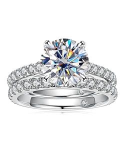 AnuClub Total 4.14ct 3CT Center Moissanite Engagement Rings Wedding Band D Color VVS1 Round Cut 925 Sterling Silver Bridal Sets for Women