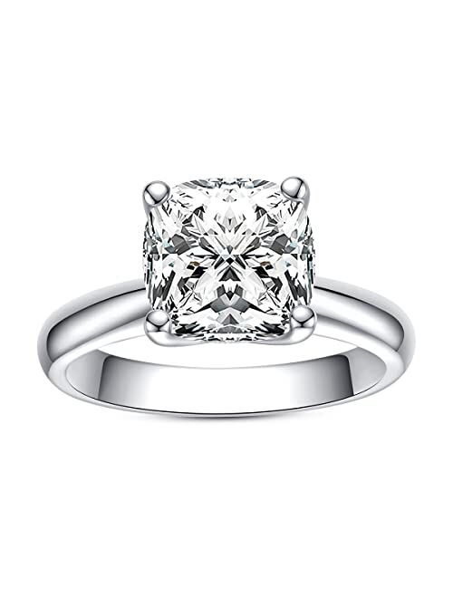AnuClub 3.5ct Cushion Cut Moissanite Engagement Ring, D Color Lab Created Diamond, 18K White Gold Plated Sterling Silver, Eternity Wedding Promise Anniversary Band Ring f