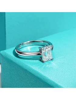 AnuClub 2cttw Emerald Moissanite Solitaire Engagement Rings D Color VVS1 18K White Gold Plated 925 Sterling Silver Anniversary Wedding Promise Ring for Women
