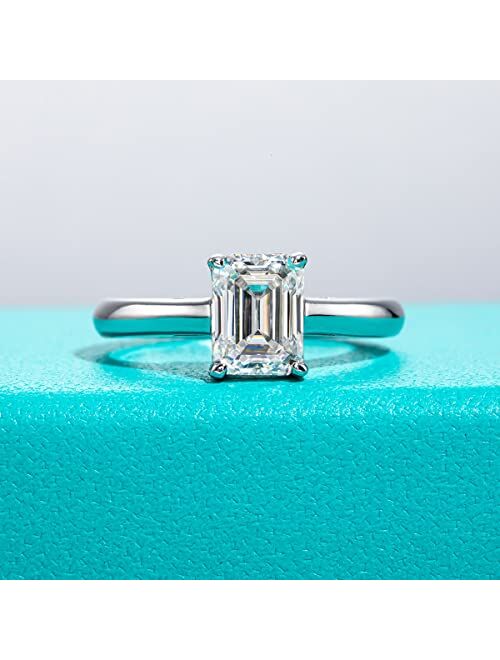 AnuClub 2cttw Emerald Moissanite Solitaire Engagement Rings D Color VVS1 18K White Gold Plated 925 Sterling Silver Anniversary Wedding Promise Ring for Women