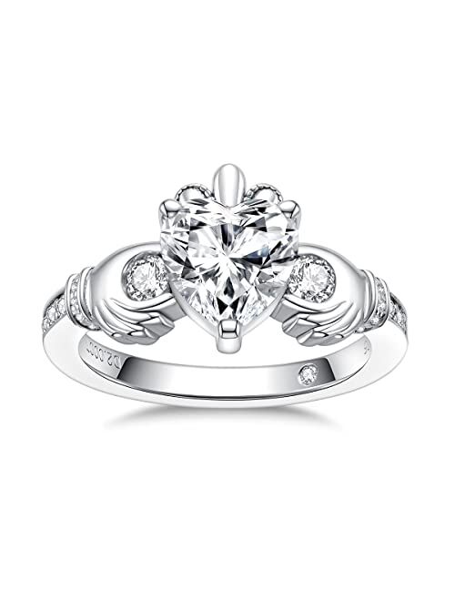 AnuClub 2.33cttw Moissanite Claddagh Irish Ring, Celtic Knot Crown Engagement Ring for Women, D Color and VVS1, 18K White Gold Plated 925 Sterling Silver, Anniversary Wed