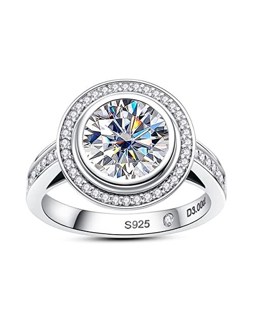Raivari Moissanite Engagement Rings, 3.5CTTW Bezel Setting Round Lab Created Diamond Promise Rings in 14K White Gold Plated Sterling Silver, Anniversary Rings for Women