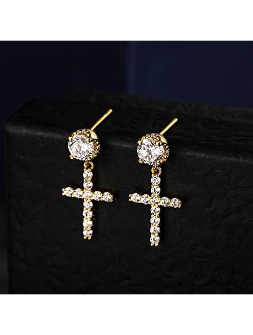 TRUMIUM Cross Earrings for Men Women 925 Sterling Silver Hypoallergenic Silver Gold Stud Earrings White Cubic Zirconia Cz Dangle Earrings