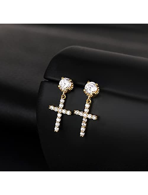TRUMIUM Cross Earrings for Men Women 925 Sterling Silver Hypoallergenic Silver Gold Stud Earrings White Cubic Zirconia Cz Dangle Earrings