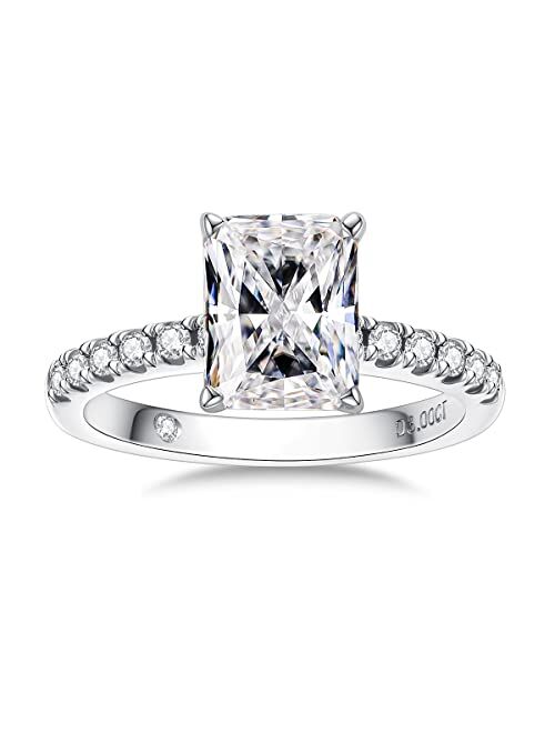 AnuClub Moissanite Engagement Ring, Total 3.3cttw D Color Lab Created Diamond Radiant Cut, 18K White Gold Plated Sterling Silver Promise Anniversary Ring for Women, Elega