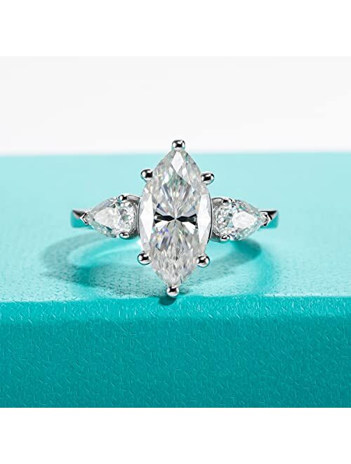 AnuClub Moissanite Engagement Ring, 3ct Marquise Center Stone and 0.5ct Pear Side Stones, D Color Lab Created Diamond, 18K White Gold Plated Sterling Silver Promise Anniv