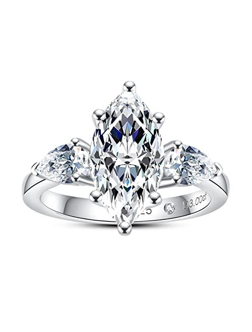AnuClub Moissanite Engagement Ring, 3ct Marquise Center Stone and 0.5ct Pear Side Stones, D Color Lab Created Diamond, 18K White Gold Plated Sterling Silver Promise Anniv