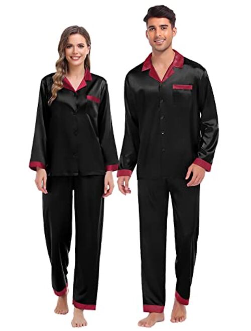 SWOMOG Couples Matching Pajamas Sets Silk Satin Long Sleeve Sleepwear Button-Down Soft Loungewear Loose Pjs Set